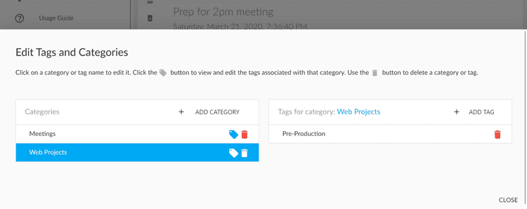 Simple Tracker - Categories and Tags Screenshot showing category and tag edit settings.