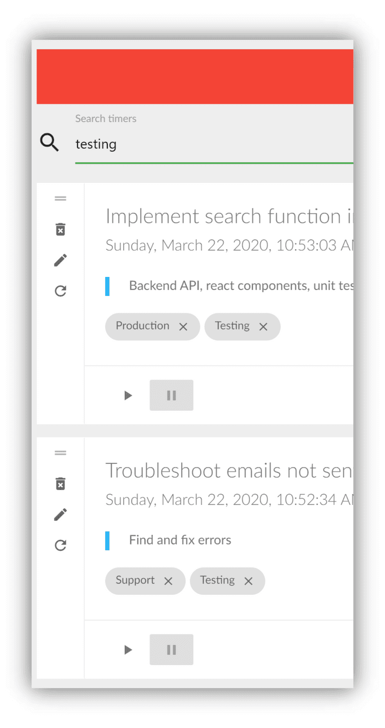 Search Timers Search feature showcasing timers being filtered by search term