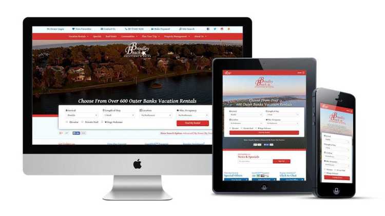 Responsive Design Responsive site design shown on desktop, tablet, and mobile device.